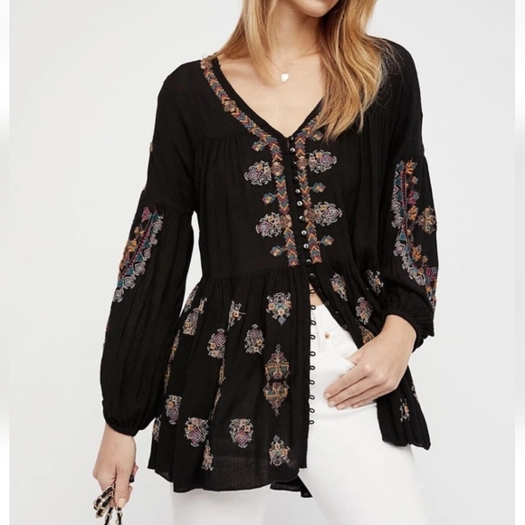 Free People Arianna Black Embroidered Boho Tunic Top Medium - Picture 2 of 14